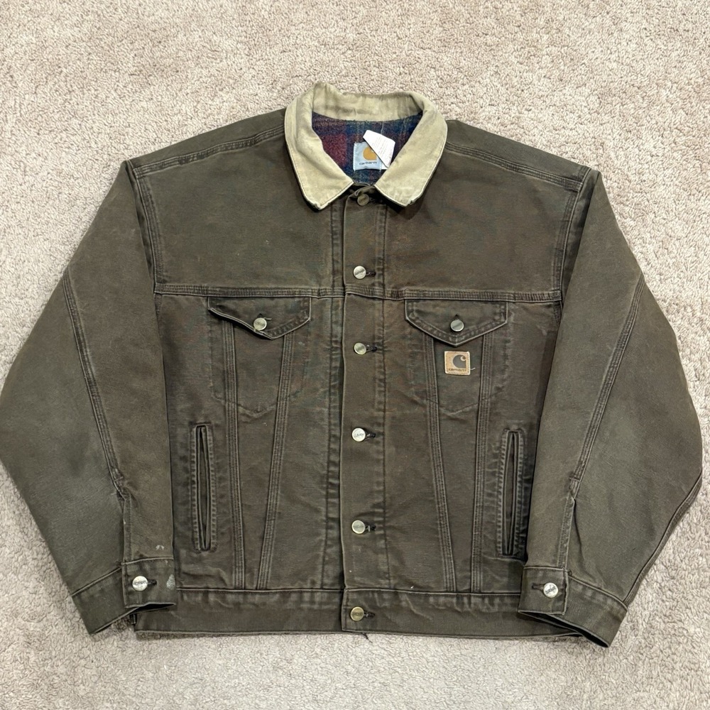 Vintage Carhartt Blanket Lined Canvas Trucker Jacket Mens Large Brown JB0982 USA